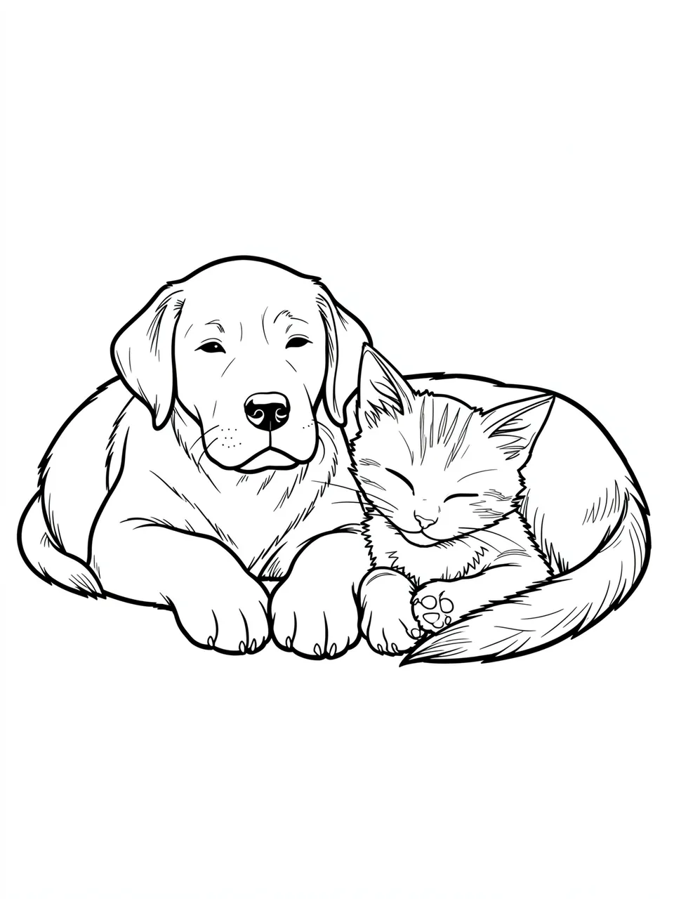Black and white bold line art of a labrador puppy and a sleeping kitten resting side by side on a plain white background
