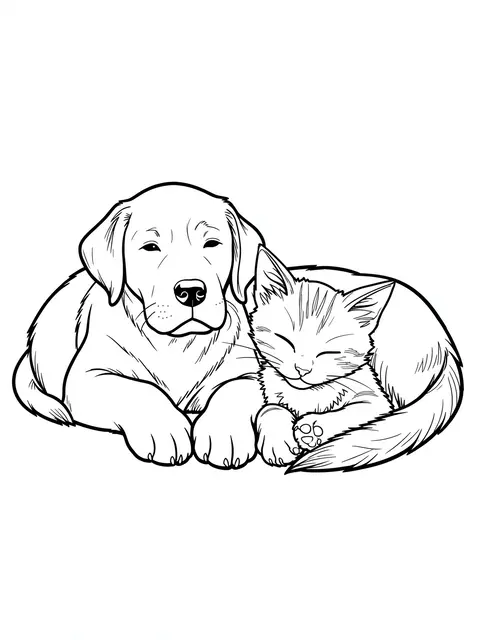 Black and white bold line art of a labrador puppy and a sleeping kitten resting side by side on a plain white background