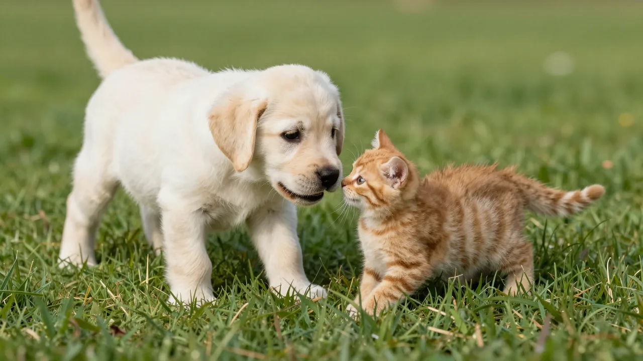 A pale yellow labrador puppy and a ginger tabby kitten stand face to face on lush green grass in soft morning light.