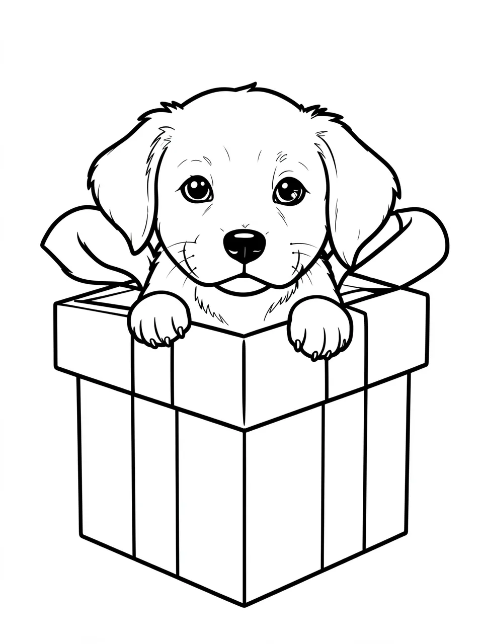 Black and white line art of a cute puppy peeking out of a gift box for a coloring page
