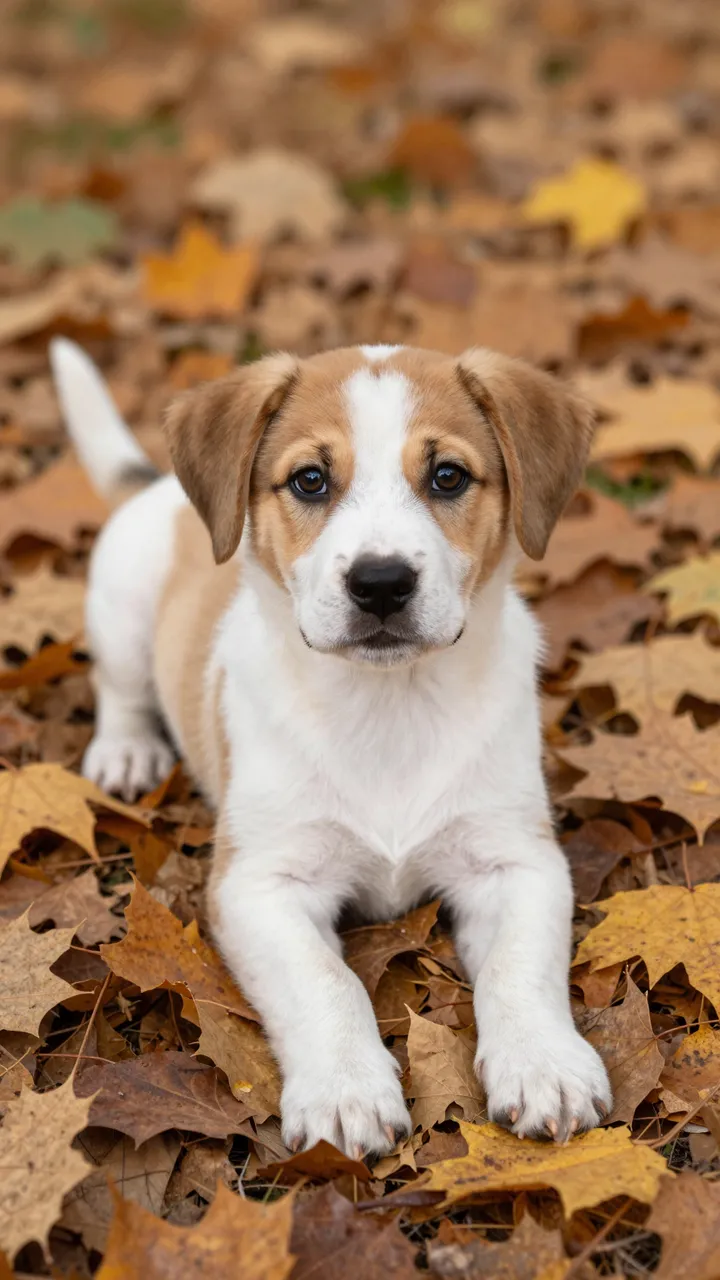 A fluffy white and tan puppy lies looking directly at the camera atop a bed of fallen autumn maple leaves.