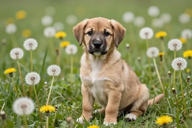 A fluffy light brown puppy sits upright in a grassy field full of blooming and seed-headed dandelions.