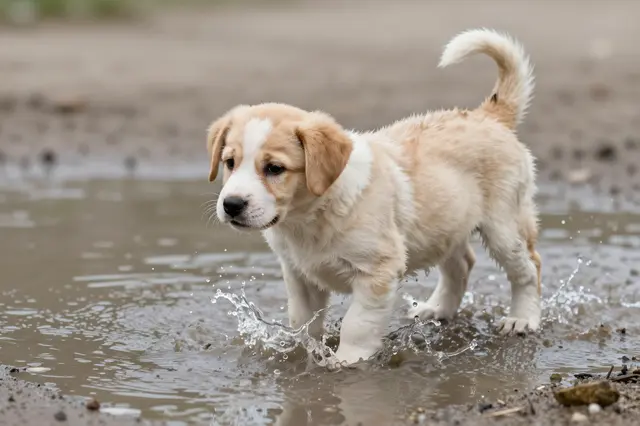 A fluffy cream and white puppy stands in a shallow muddy puddle creating small water splashes