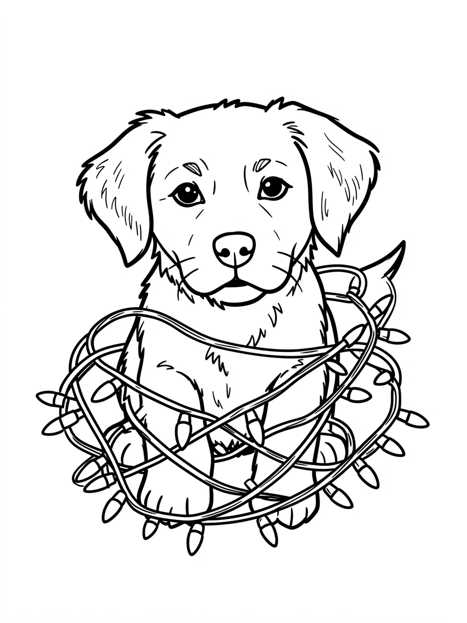 Simple bold line art coloring page of a puppy tangled in string Christmas lights on a white background