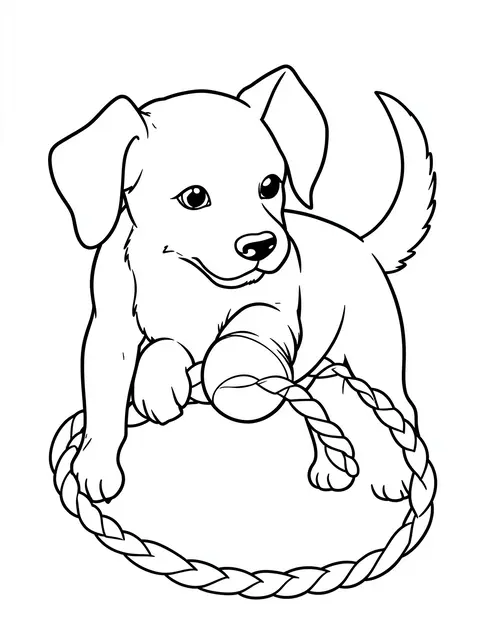 Black and white bold line art of a playful puppy interacting with a rope toy on a plain white background