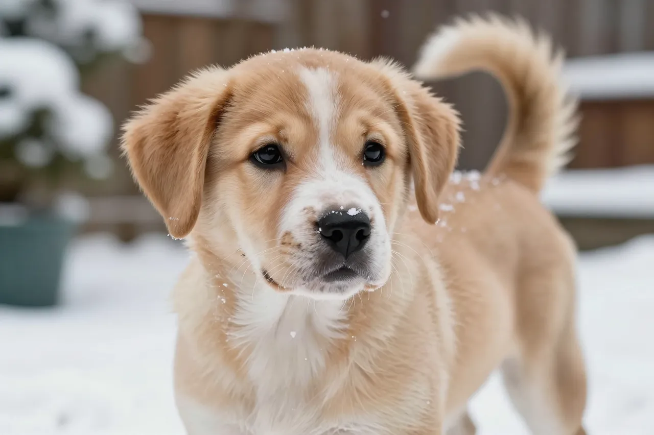 Fluffy golden and white puppy stands in a snowy garden with snow resting on its black nose