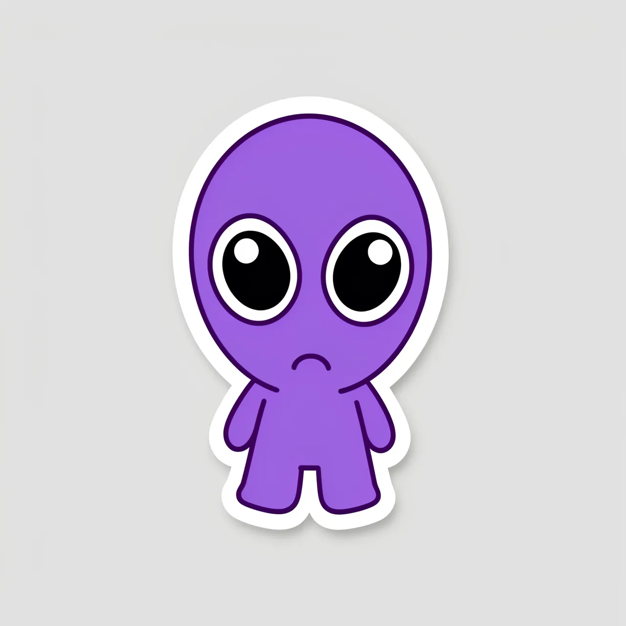 Cute flat illustration of a purple alien sticker with a thick white border on a light gray background