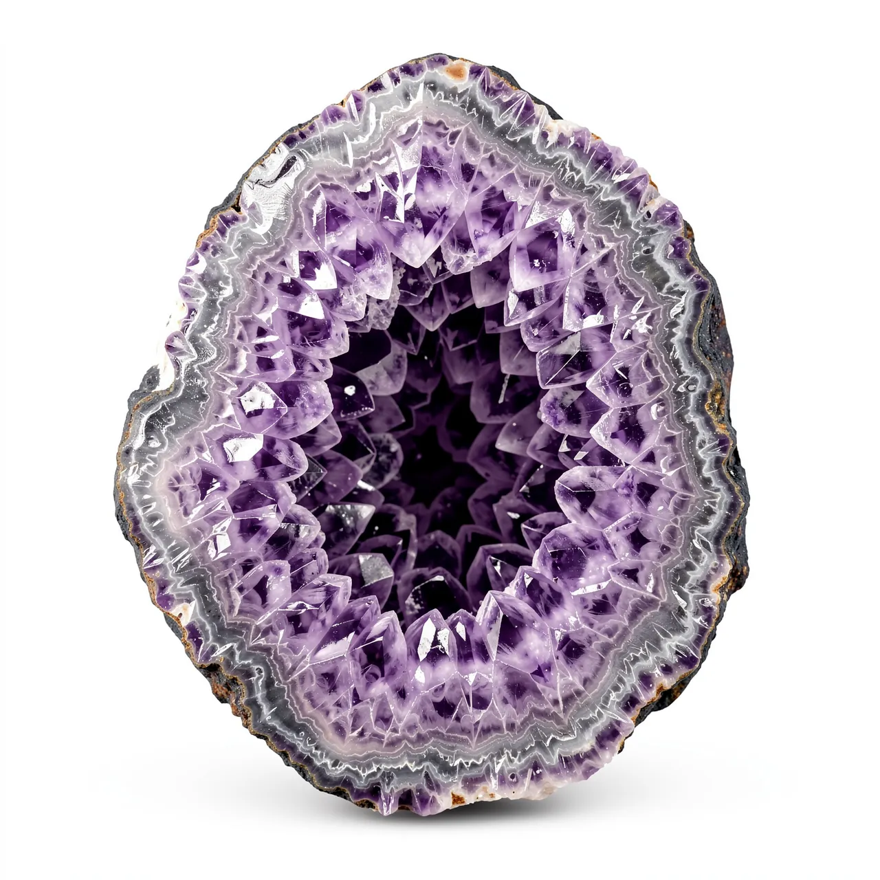Cross-section of a sparkling purple amethyst geode set against a plain white background