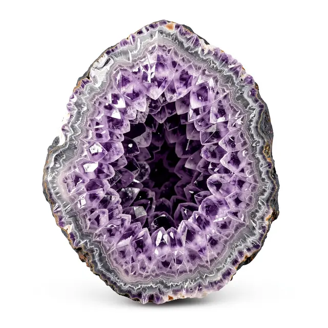 Cross-section of a sparkling purple amethyst geode set against a plain white background