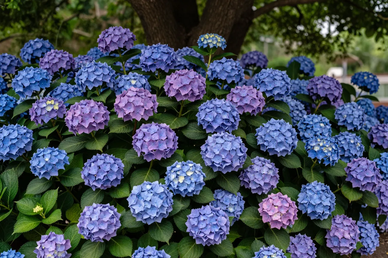 Dense blue and purple hydrangea flower clusters grow in dappled shade below a tree trunk