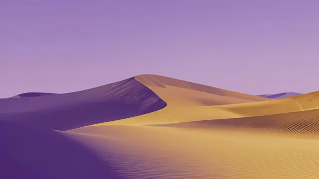 Minimalist desert sand dunes in golden and purple tones under a soft purple gradient sky