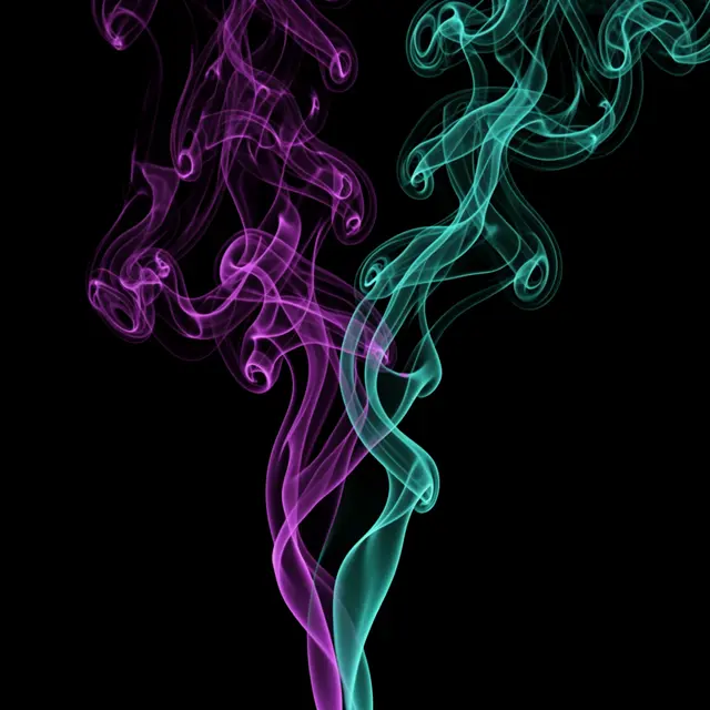 Twisting wispy purple and teal smoke tendrils curl together against a solid pure black background
