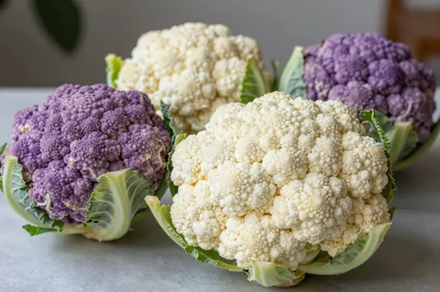 Four whole purple and white cauliflower heads arranged on a light gray table surface