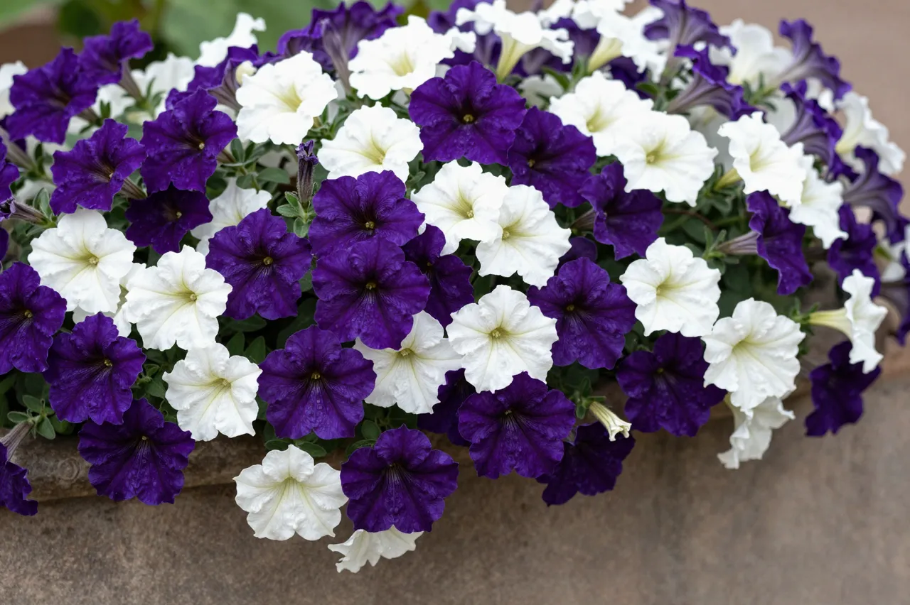 Dense purple and white petunias spill over the edge of a textured garden wall planter.