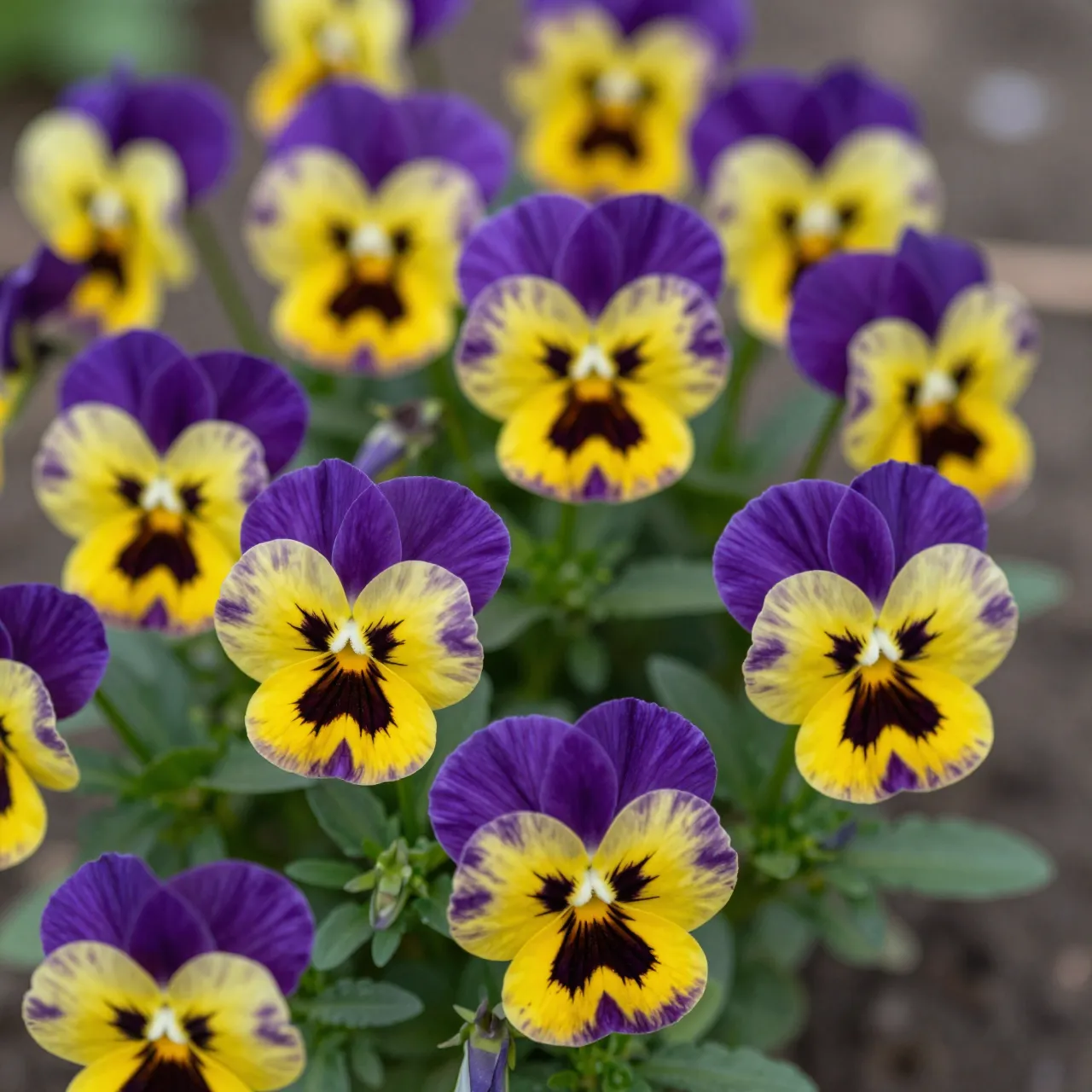 Close up of clustered purple and yellow pansy flowers growing in a garden bed