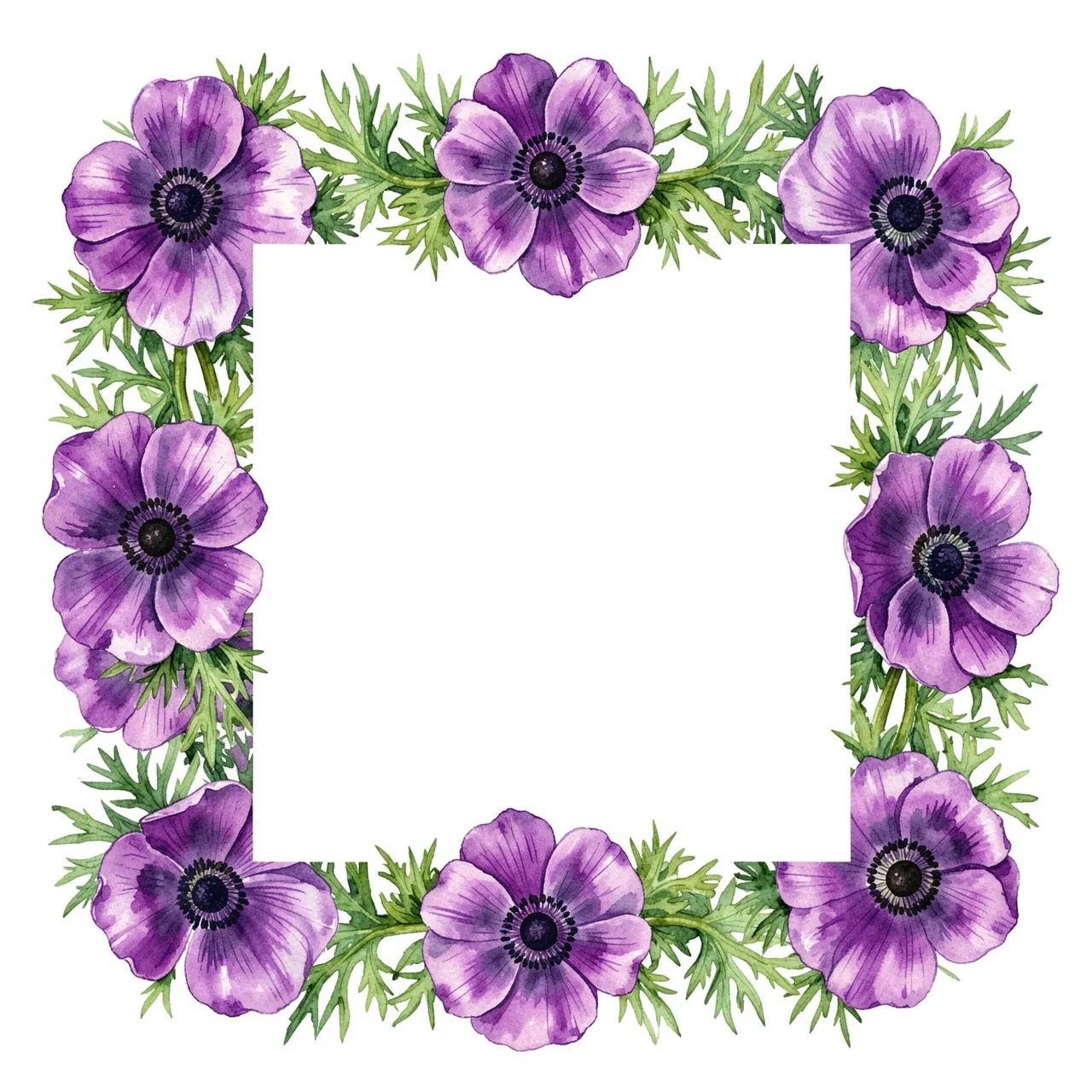 Square watercolor frame of purple anemones with dark centers and feathery green foliage surrounding empty white copy space