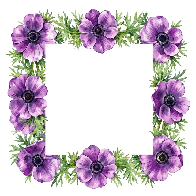 Square watercolor frame of purple anemones with dark centers and feathery green foliage surrounding empty white copy space