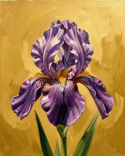 Textured oil painting of a single purple bearded iris set against a warm golden brushstroke background