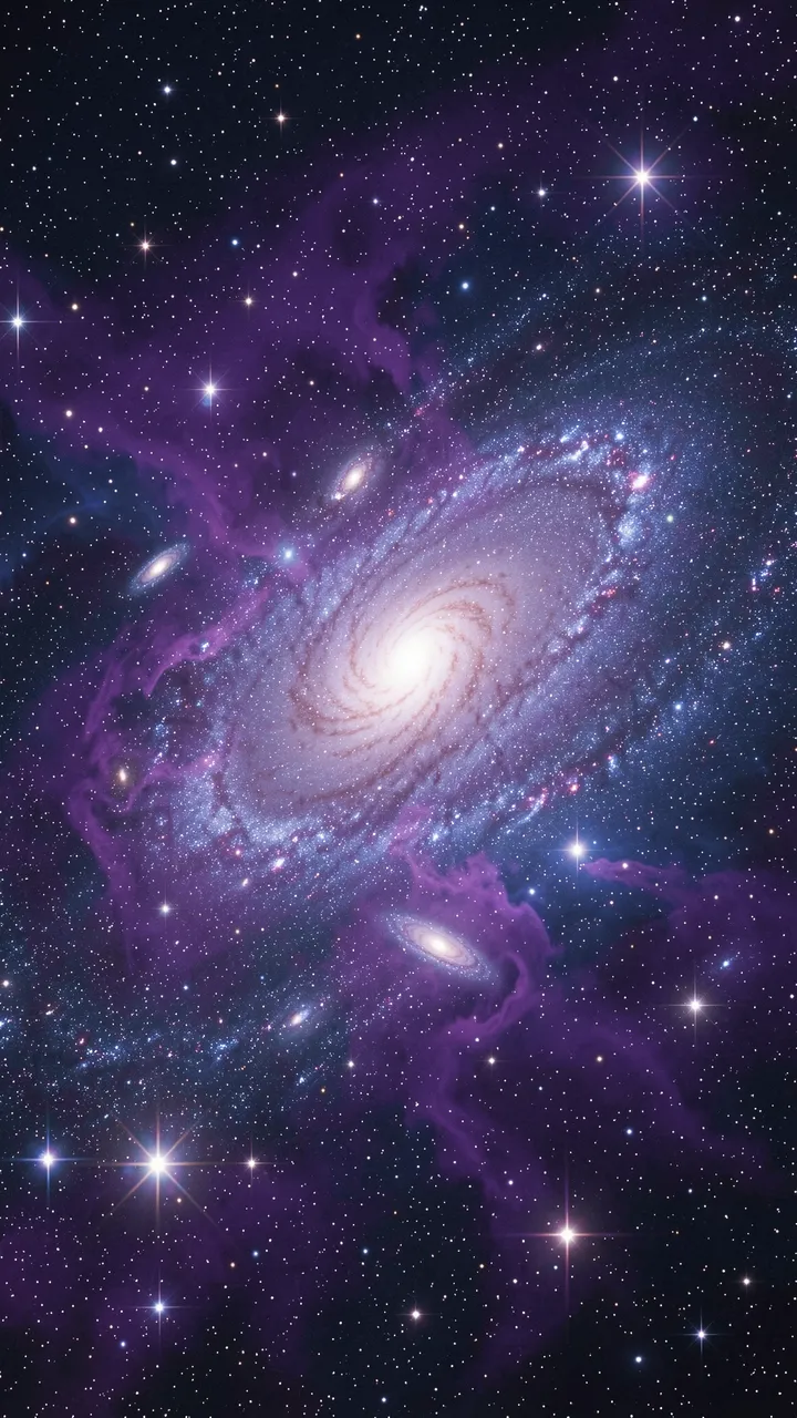 Vertical cosmic view of a swirling spiral galaxy surrounded by purple and blue nebula and scattered bright stars