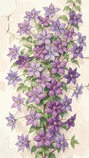 Watercolor illustration of climbing purple clematis vines against a pale cracked plaster wall background