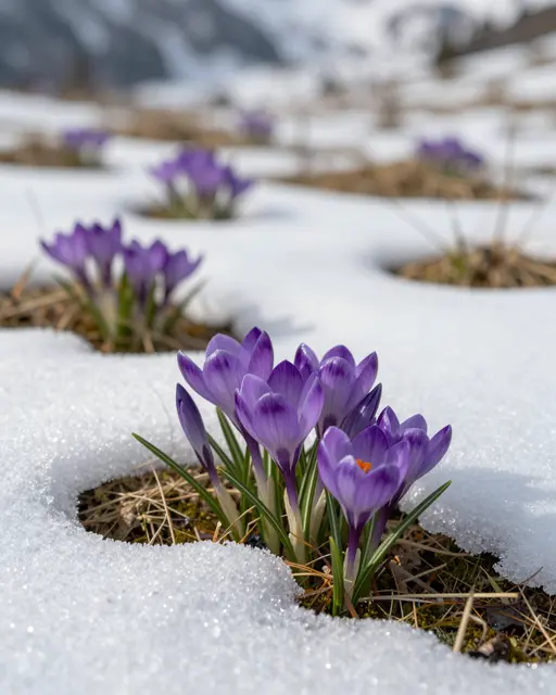 Vibrant purple crocuses push through melting snow in an alpine meadow under soft morning light
