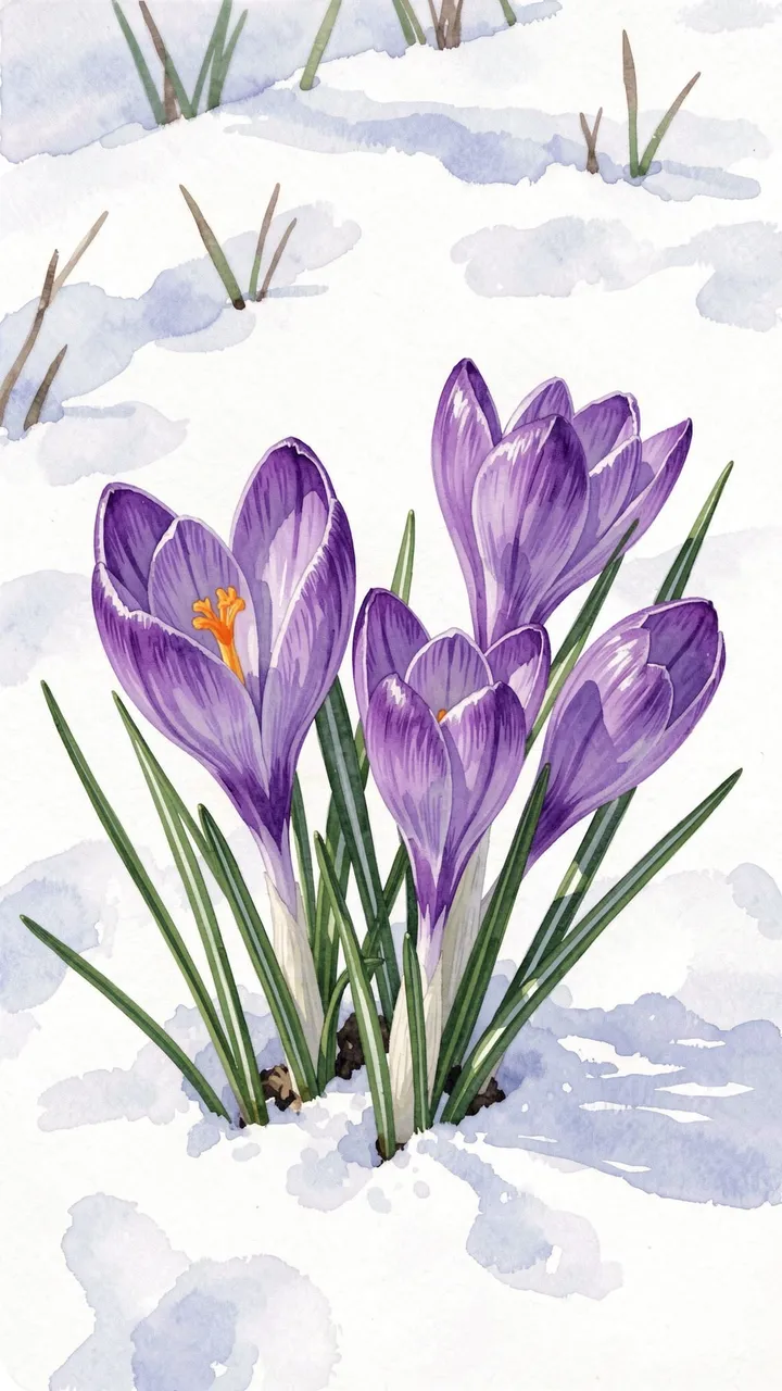 Purple crocus flowers push through melting late winter snow in a vertical gouache illustration