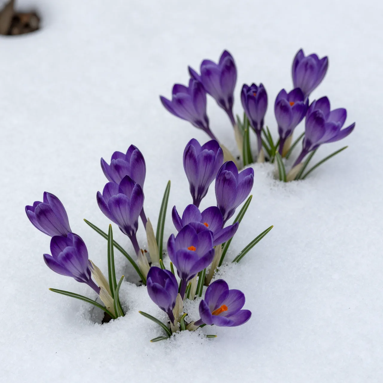 Purple crocus flowers emerge through thick white melting spring snow
