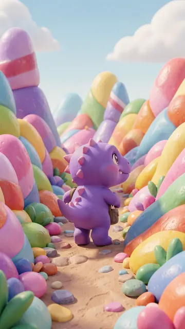 A cute 3D purple dinosaur walks along a trail through a vibrant candy colored landscape under soft cloudy skies