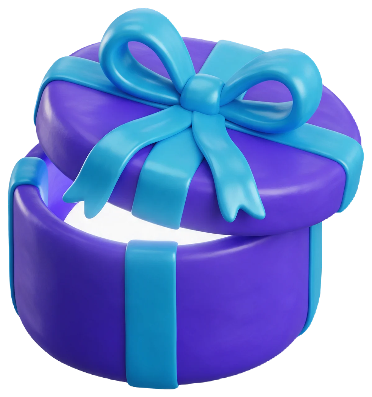 Round purple gift box with a raised lid glowing soft light, tied with a smooth cyan ribbon bow