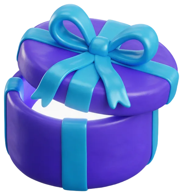 Round purple gift box with a raised lid glowing soft light, tied with a smooth cyan ribbon bow