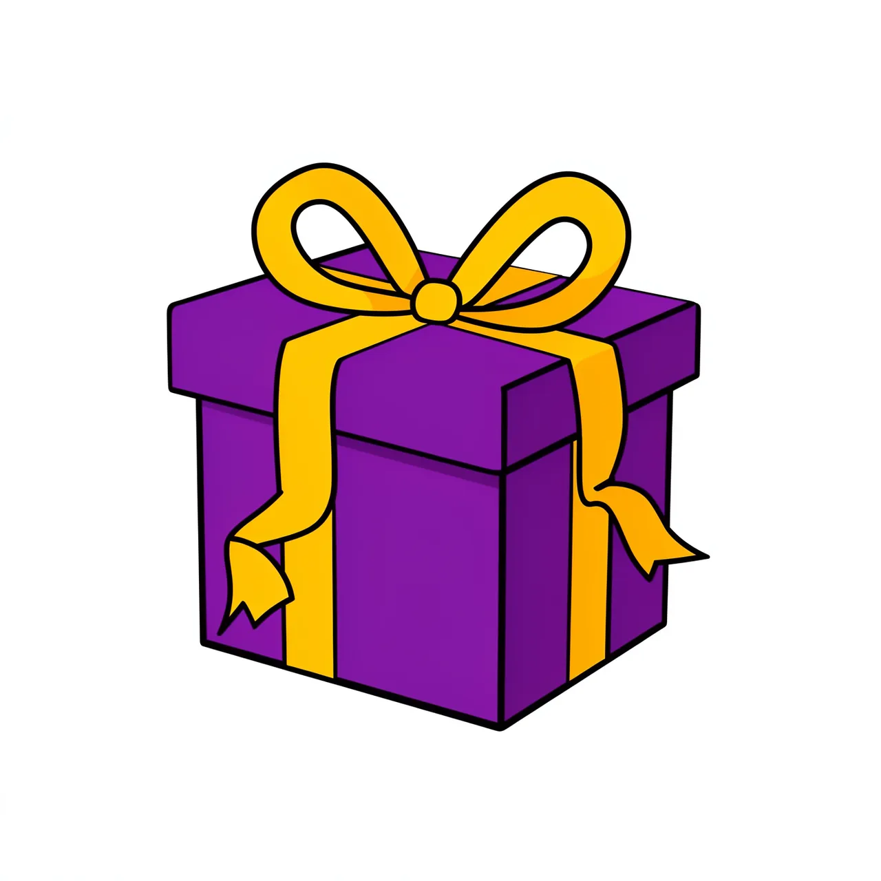 Flat cartoon illustration of a purple gift box with a yellow bow, isolated on a plain white background