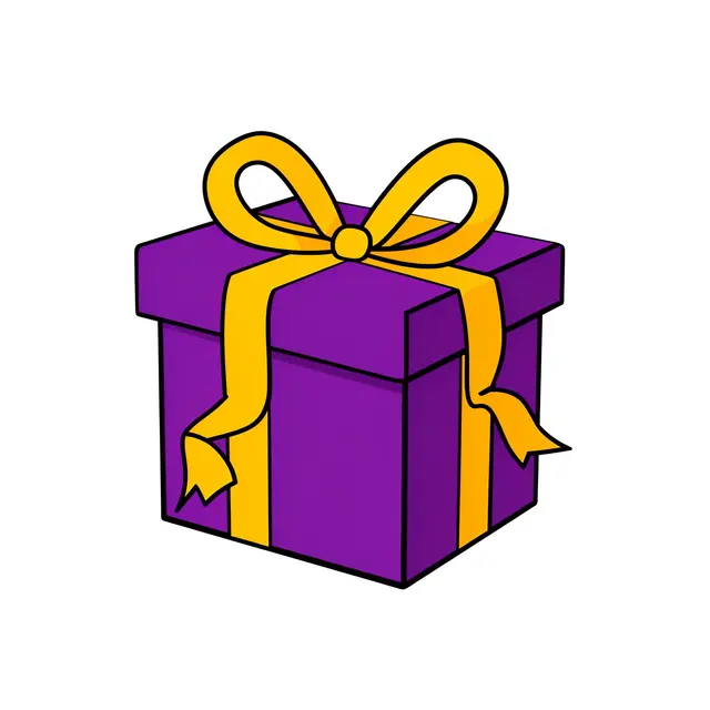 Flat cartoon illustration of a purple gift box with a yellow bow, isolated on a plain white background