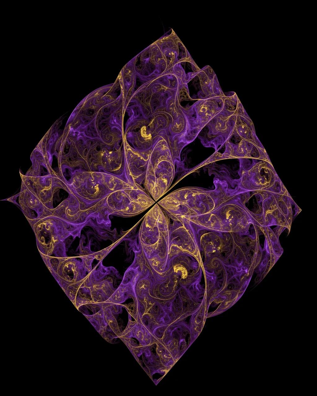 Symmetrical intricate purple and gold fractal flame design against a solid black background