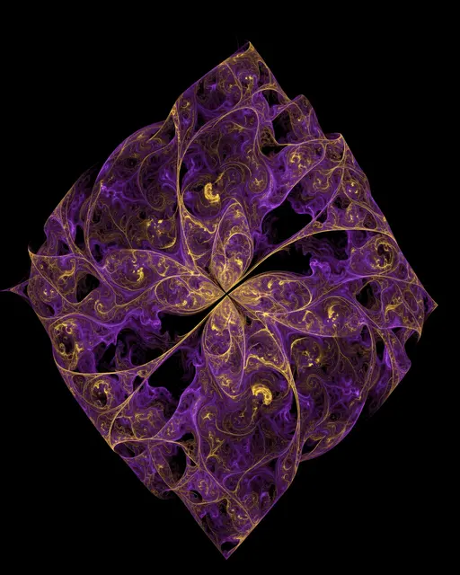 Symmetrical intricate purple and gold fractal flame design against a solid black background