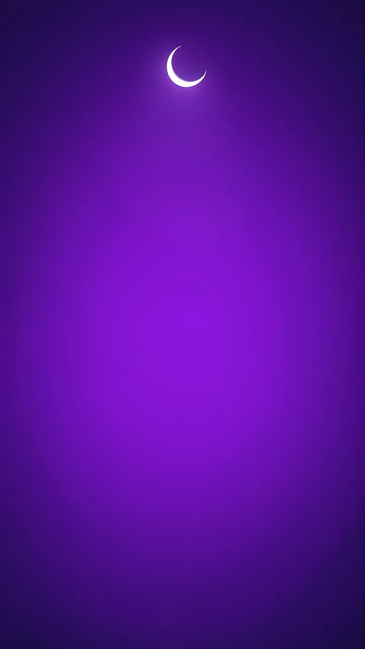 A glowing thin crescent moon sits at the top of a smooth vertical violet to indigo gradient background with empty copy space