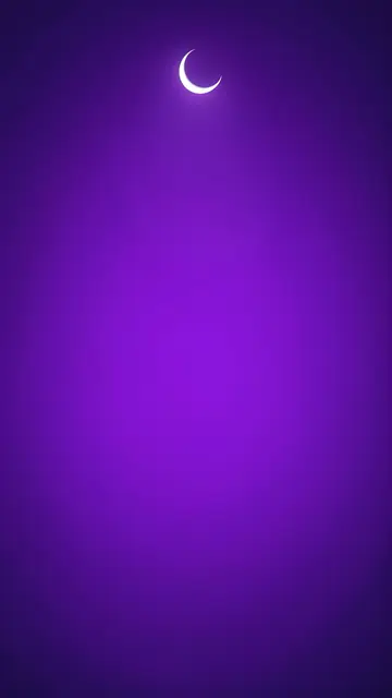 A glowing thin crescent moon sits at the top of a smooth vertical violet to indigo gradient background with empty copy space