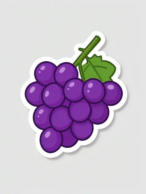 Cute flat illustration of a purple grape bunch sticker with a white border on a light gray background