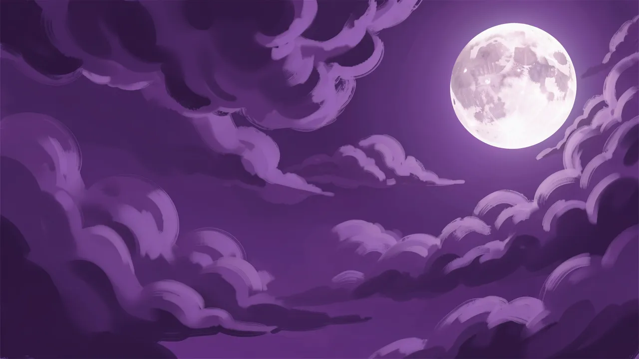 A digital painted violet night sky with swirling clouds and a bright full moon in the upper right