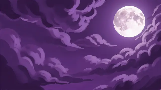 A digital painted violet night sky with swirling clouds and a bright full moon in the upper right