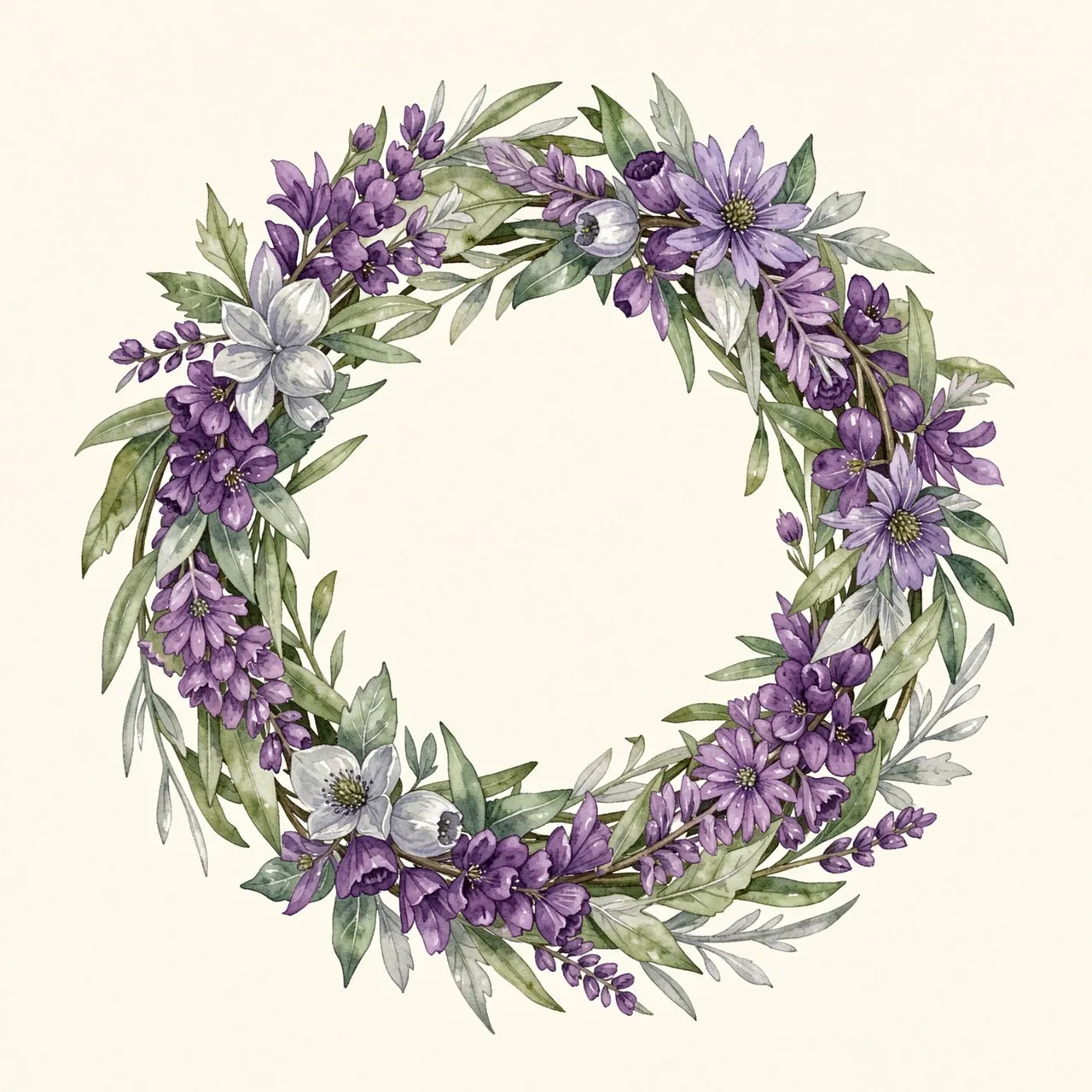 A watercolor heather and thistle wreath with purple blooms and silver green leaves on a cream background