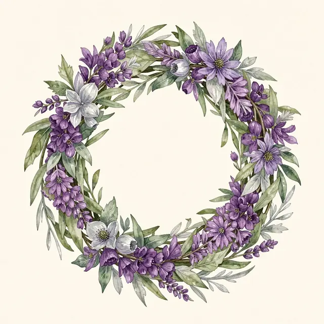 A watercolor heather and thistle wreath with purple blooms and silver green leaves on a cream background