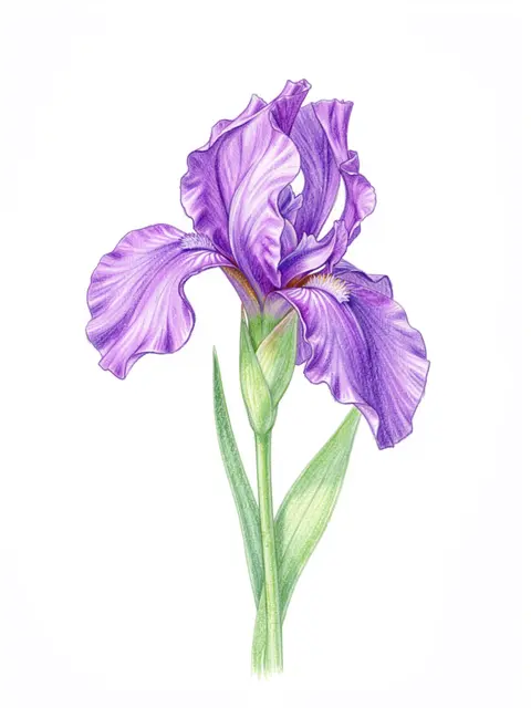 Detailed colored pencil drawing of a curled purple iris flower on a green stem against a plain white background
