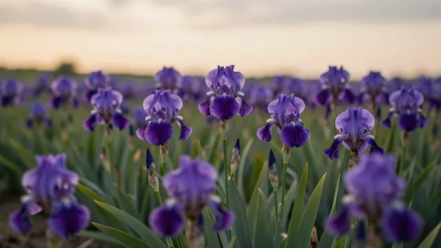 Sharp foreground purple irises fill a soft focus field beneath a warm hazy sunset sky