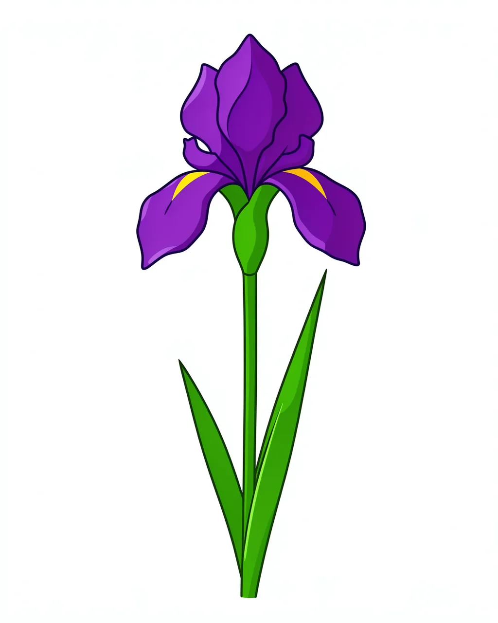 Flat clipart illustration of a purple iris flower on a green stem isolated on white