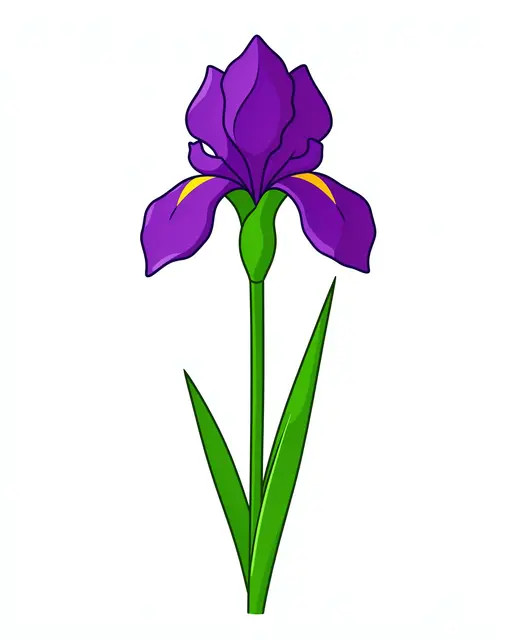 Flat clipart illustration of a purple iris flower on a green stem isolated on white