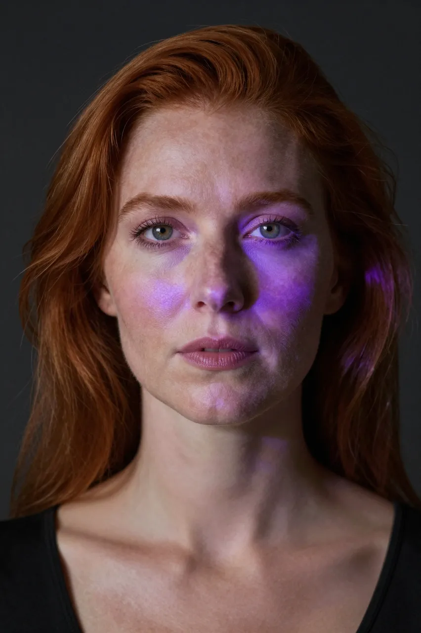 A red haired woman faces the camera with soft violet projected light across her face in a dark studio