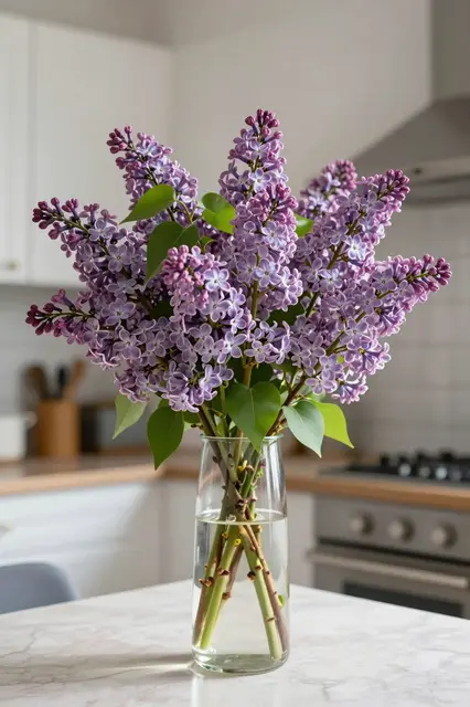 A tall bouquet of purple lilacs sits in a clear glass vase on a marble kitchen table in soft spring light.
