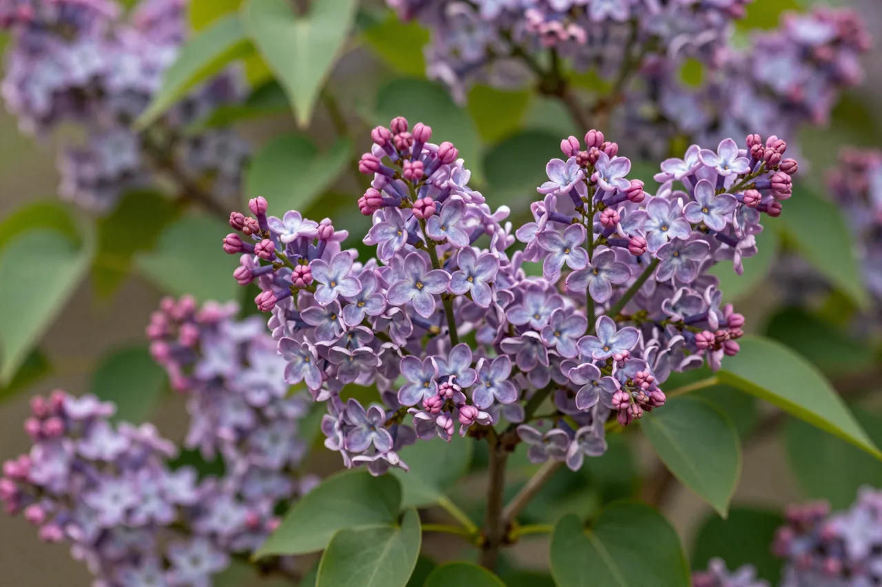 Close-up of fully opened purple lilac flower clusters with pink unopened buds and green oval leaves.
