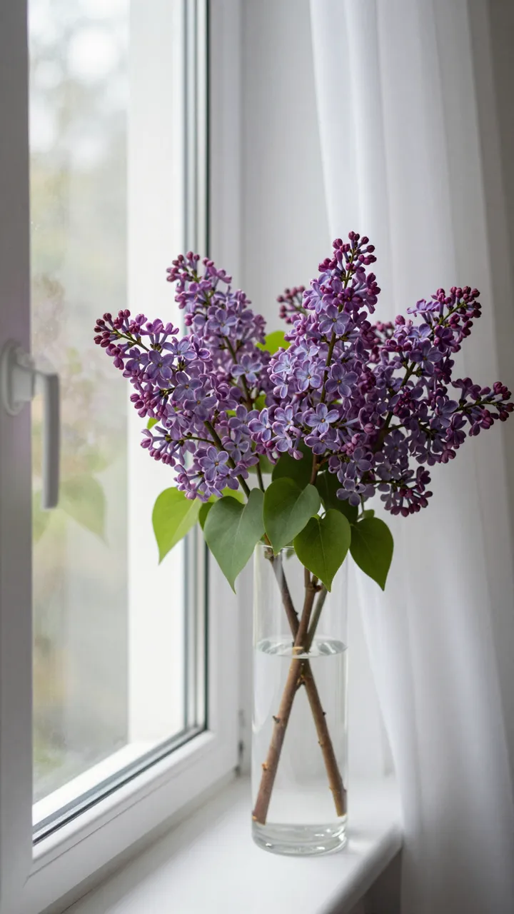 Purple lilac stems in a tall glass vase sit on a white windowsill next to a sheer curtain and window