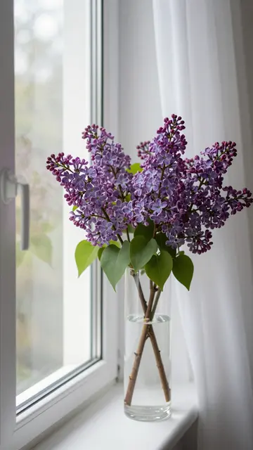 Purple lilac stems in a tall glass vase sit on a white windowsill next to a sheer curtain and window